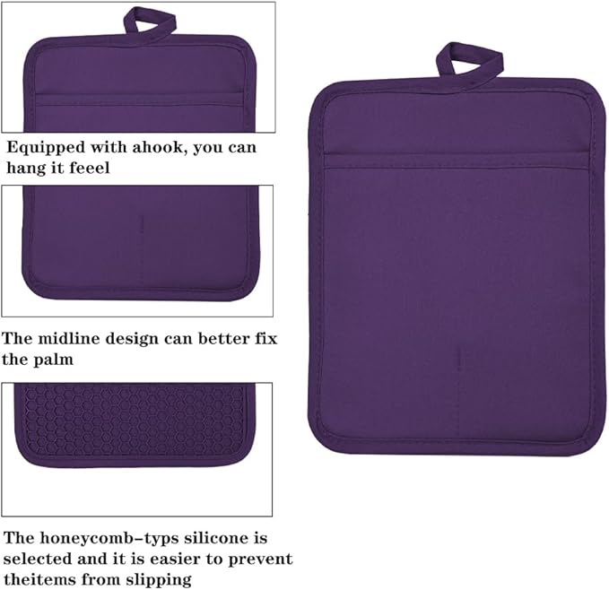 Oven Pot Holder with Pocket Cotton Heat Resistant Coaster Potholder Kitchen Hot Pad Oven Mitts for Cooking and Baking Square 7"x9" (Purple, Silicone)