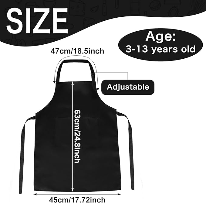 PLULON 8 Pcs Kids Aprons with 2 Pockets Painting Aprons for Kids Aprons Bulk, Paint Apron Adjustable Children Chef Aprons for Girls Boys Painting Baking Cooking Crafting - Black