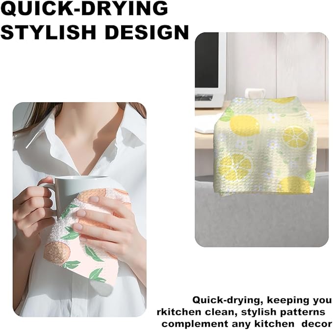 2Pcs Lemon Kitchen Towels, Pink Peach Absorbent Tea Towel Decor Reusable Dish Hand Towels Peach Lemon Lover Gifts for Cleaning Drying Women Mom Housewarming Gifts 14 x 24 Inch Kitchen Home Decor