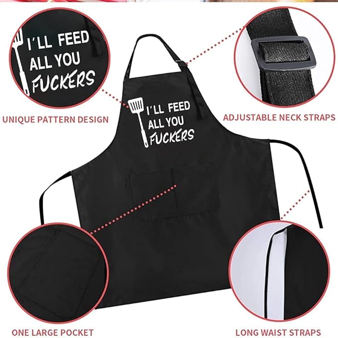 Rosoz Funny Black Chef Aprons for Men Adjustable BBQ Grill Kitchen Cooking Aprons with Pockets, Grill Accessories