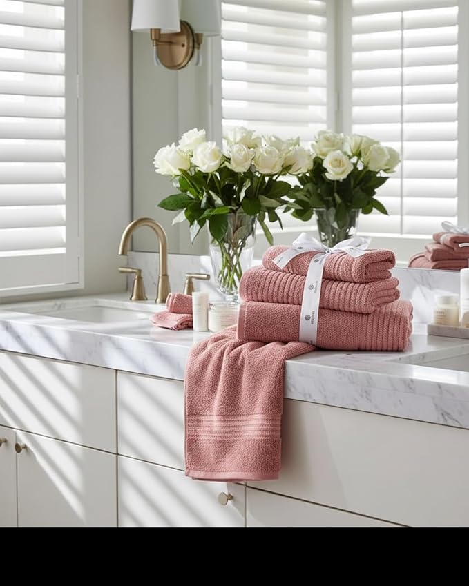 BIOLINEN 6-Piece Luxury Towel Set Rose 2 Bath Towels, 2 Hand Towels, 2 Washcloths Soft Absorbent Cotton Towel Pack for Bathroom, Home, Gym & Travel