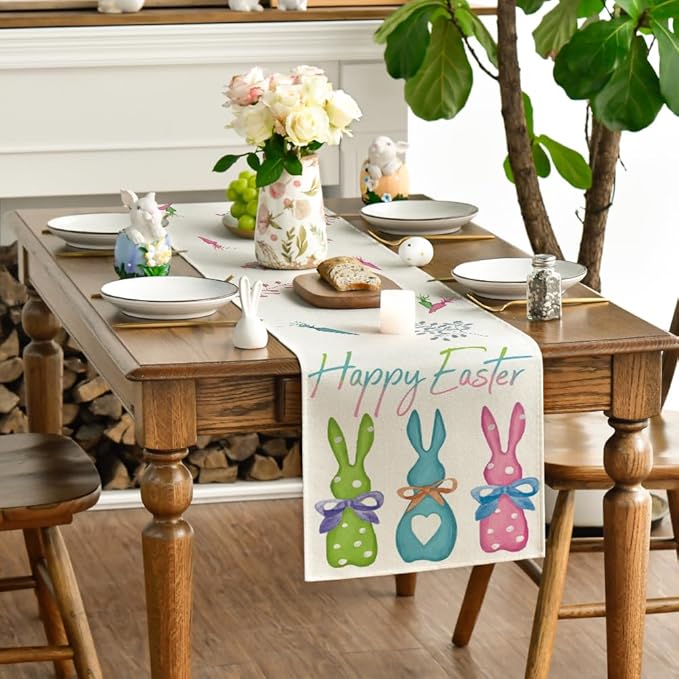 Artoid Mode Green Blue Pink Rabbit Bunny Happy Easter Table Runner, Seasonal Holiday Kitchen Dining Table Decoration for Home Party Decor 13 x 108 Inch