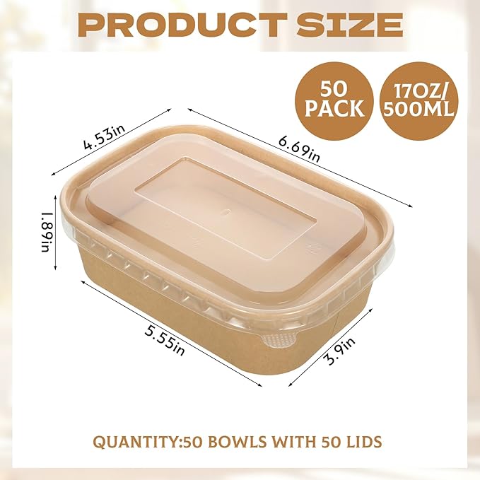 50 Pack 17oz Disposable Kraft Paper Bowls with Lids, Rectangle Meal Prep Containers Bulk, Large Paper Salad Bowl, Leakproof Food Containers Treat Soup Serving Bowls, Microwave Safe for Hot/Cold Food