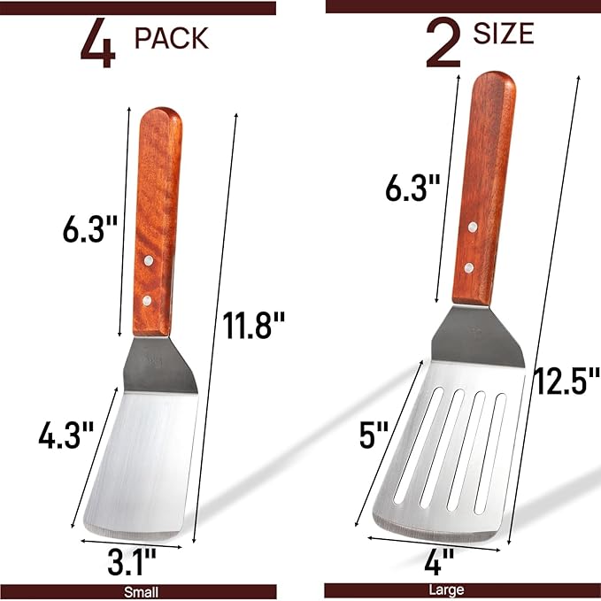 Pumtus 4 Pack Stainless Steel Spatula Set, 2 Sizes Metal Spatulas for Kitchen Use, Hevy Duty Solid & Slotted Turner with Wooden Handle, Flat Top Grill Spatula for Egg, Hamburger, Fish, Cooking, BBQ