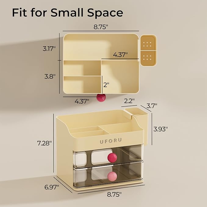 Makeup Organizer for Vanity with Brush Holder, Countertop Skincare Organizer with 2 Drawers, Spacious Cosmetic Display Case for Perfumes, Eyeshadow Palettes, Nail Polishes