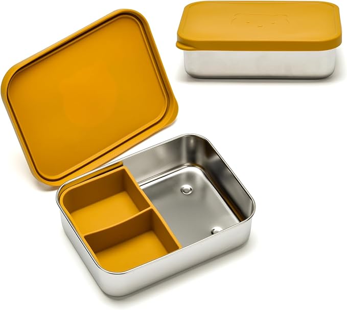 Stainless Steel Bento Box for Kids Adults, Toddler Lunch Box Containers with Silicone Lid,Removable 3 Compartment Design,Leakproof Snack Container, BPA Free, Dishwasher Safe-(1200ml,Yellow)