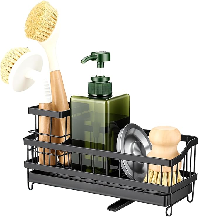Sink Caddy with 360° Rotating Self Draining, Countertop Sponge Holder, Sink Side Organizer for Bottle Brushes, Sink Accessories for Kitchen, Bathroom - Black