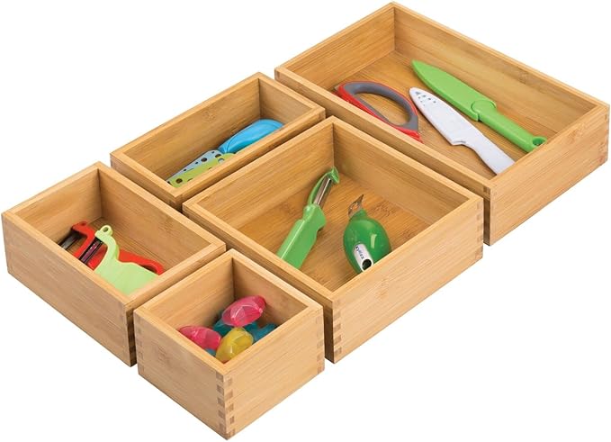 mDesign Bamboo Wood Kitchen Cabinet Drawer Organizer Tray Bins - Multipurpose - Use in Drawers, on Countertops, Shelves or in Pantry - Varied Sizes - Echo Collection - Set of 5 - Natural