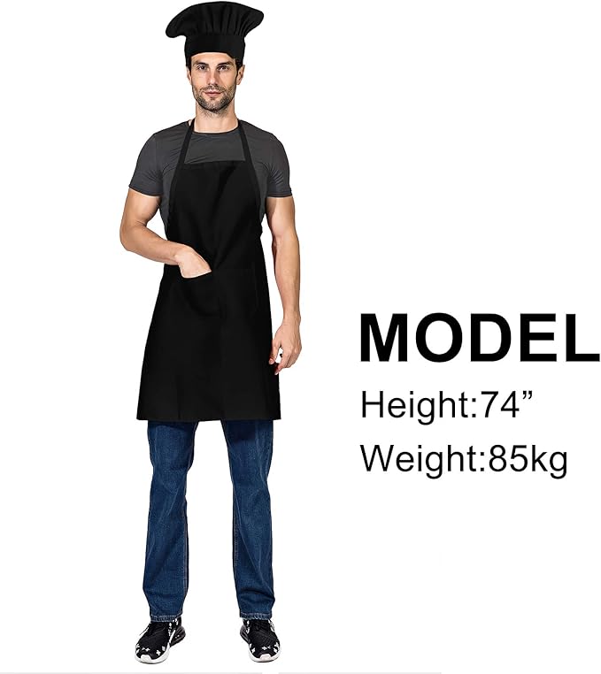Black Chef Hat and Apron Set,Bib Apron in Big Size and Chef Hat, Bib Cooking Grilling BBQ Kitchen Chef Apron for Men Women Chef.(1set,Black)