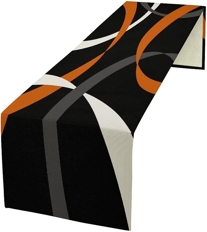 Abstract Geometric Table Runner Orange Grey and White Striped Black Background Modern Kitchen Dinner Runner for Indoor Home Living Room Party Dining Table Decoration 13"x108"