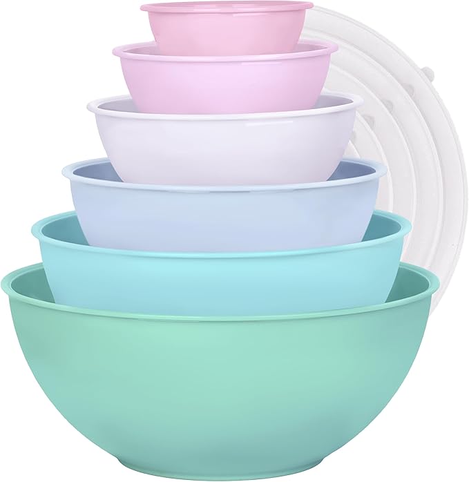 BoxedHome BPA Free Plastic Round Mixing Bowl with Lids, 12 Pack Nesting Bowls with Lids Set, Microwave and Dishwasher Safe Prep & Serving Bowls Great for Mixing, Baking, Serving (pinkish green, 12pcs)