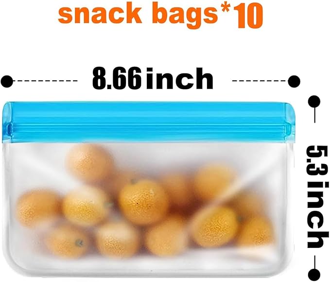 10 Pack Reusable Snack Bags, Extra Thick BPA Free, Dishwasher & Freezer Safe Food Storage Bags for Lunch, Snacks & Home Organization (Blue, 10 Pack Snack Bags) | 8.6"W × 5.3"H