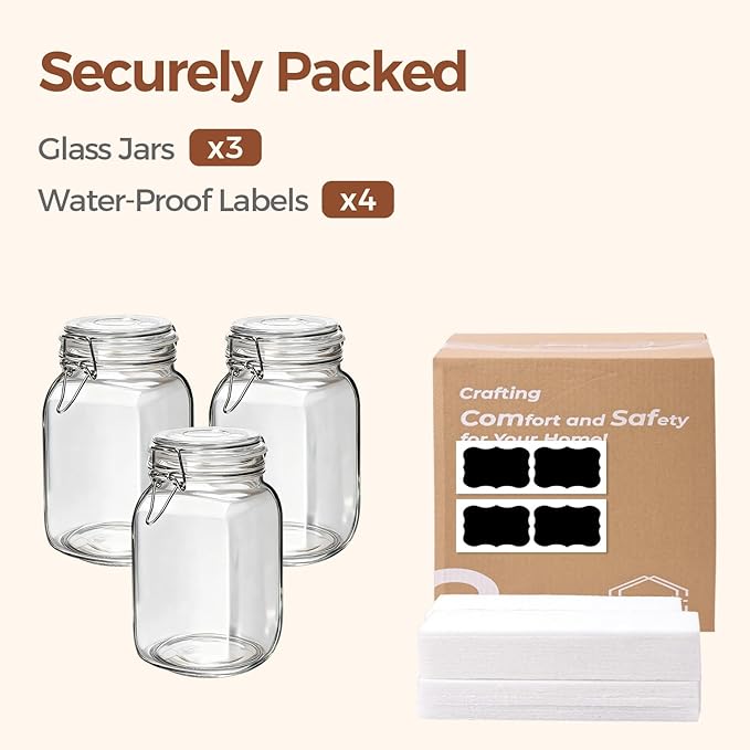 ComSaf Set of 3 Square Glass Jars with Airtight Lids (51 Oz), Wire Clamp Canisters for Pickling, Kombucha & Bulk Food, Wide Mouth Canning Jars for Space Saving Kitchen & Pantry Organization