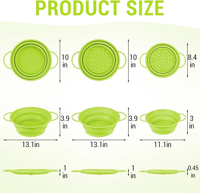 3 Pack Collapsible Colander with Strainer Bowl Set, 11 & 13 In BPA-Free Silicone Colanders for Kitchen, Heat-Resistant Strainer Dishwasher Safe Baskets for Vegetable Fruits (Green)