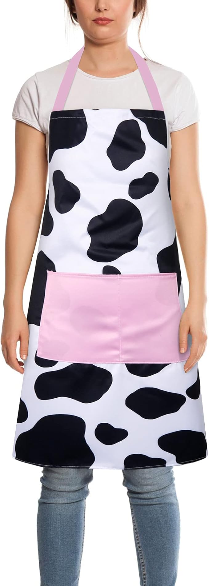 RosieLily Cute Apron with Pockets for Women - Kitchen Apron for Cooking, Baking, Gardening, Grilling, BBQ - Black and White Cow Print Bib Apron
