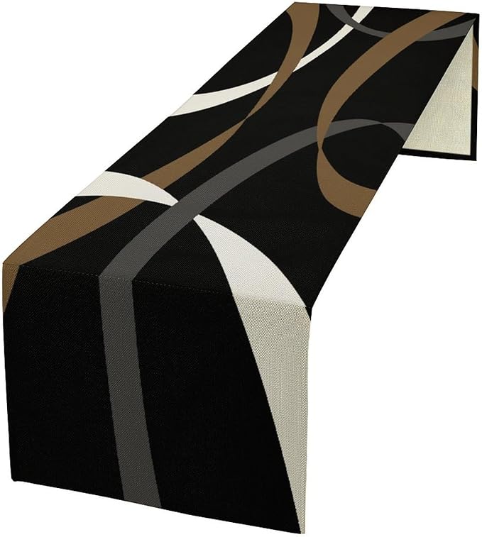 Abstract Geometric Table Runner Brown Grey and White Striped Black Background Modern Kitchen Dinner Runner for Indoor Home Living Room Party Dining Table Decoration 13"x90"