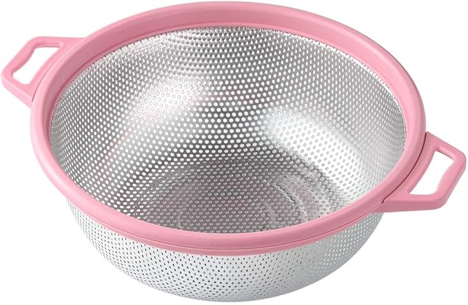 HiramWare Stainless Steel Colander With Handle and Legs, Large Metal Pink Strainer for Pasta, Spaghetti, Berry, Veggies, Fruits, Noodles, Salads, 5-quart 10.5” Kitchen Mesh Colander, Dishwasher Safe