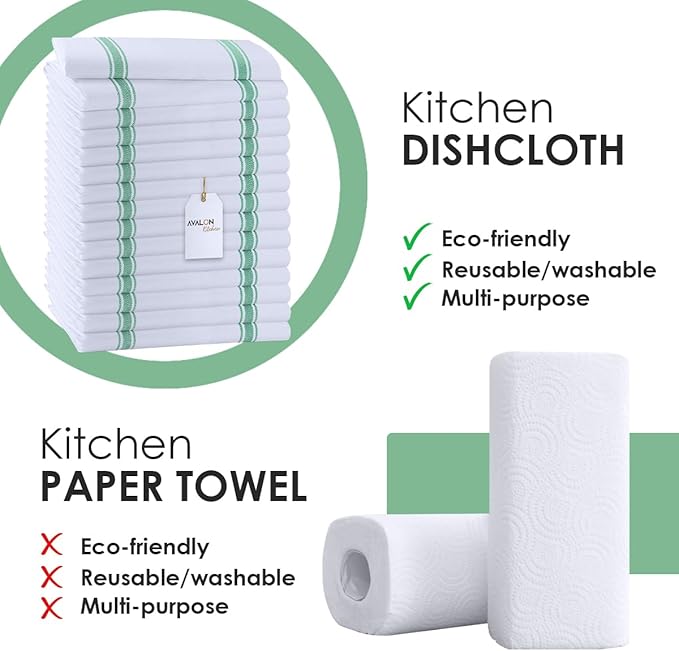 Avalon Kitchen Dish Towels Set (Value Pack of 15) Size 15x25 Inch, 100% Cotton Soft & Absorbent Kitchen Towels, Tea Towels, Reusable Cleaning Cloths for Household Cleaning (Green)