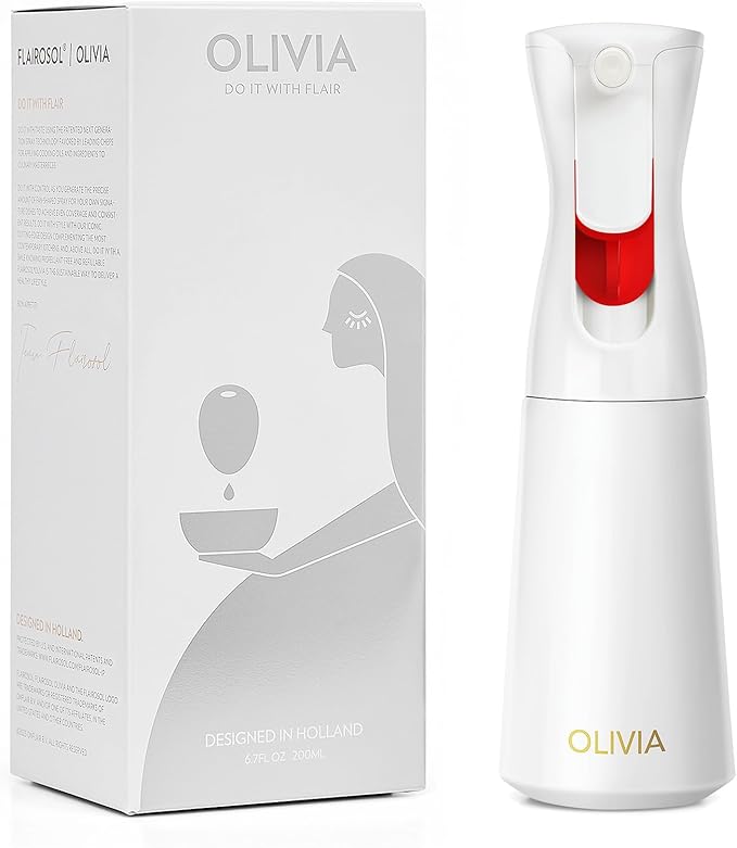 OLIVIA Signature Oil Sprayer for Cooking, 200ml Glass Olive Oil Sprayer, Continuous Cooking Spray with Portion Control, Oil Dispenser for Kitchen, Air Fryer, Salad, BBQ (White Bottle, Gold Print)