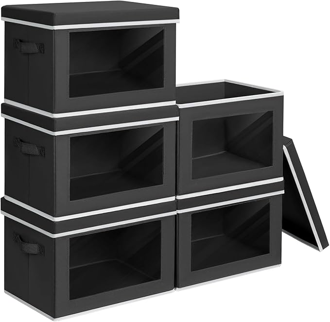 Homsorout Stackable Storage Bins with Lids - Large Decorative Basket with Lids, Fabric Foldable Closet Organizer Bins, Shelf Organizer for Living Room, Dorm, 5 Pack, Black