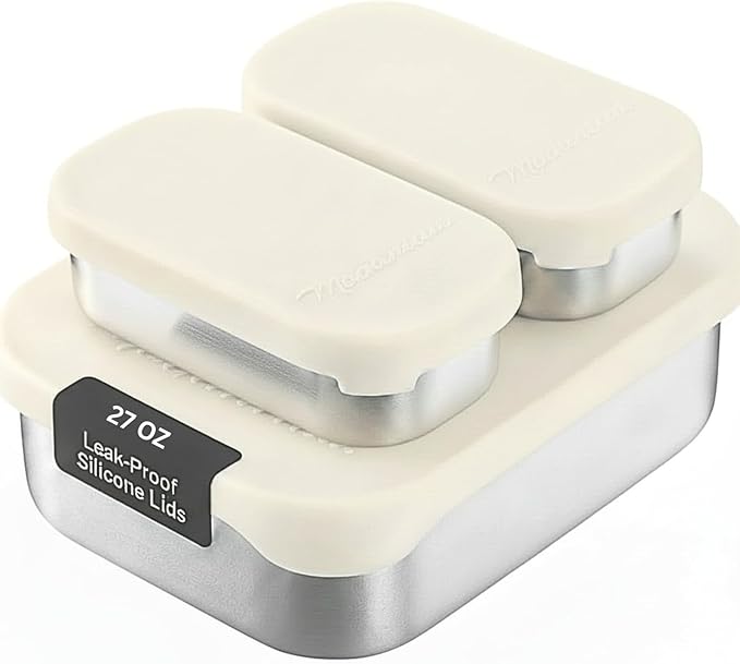 Modaniam Stainless Steel Lunch Box Containers, 27 OZ, Stainless Steel Bento Box, Metal Lunch Box, Sandwich & Snack Containers, Leak Proof SIlicone Lids, Korean Style,Small Vanilla
