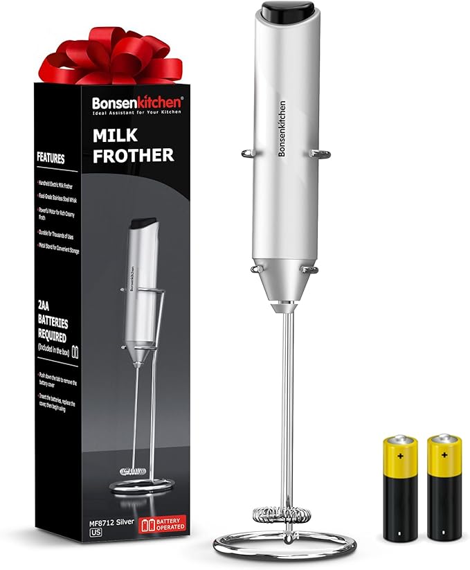 Bonsenkitchen Powerful Milk Frother with Stand for Coffee, Fast Handheld Drink Mixer with Stainless Steel Whisk, Battery Operated Hand Frother Stirrer Wand-Silver