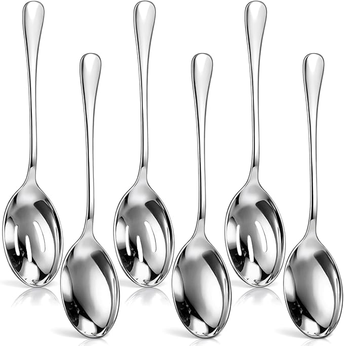 6PCS 10in Large Stainless Steel Serving Spoons Set, Includes 3 Serving Spoons and 3 Slotted Spoon, Large Servings Spoon Set for Catering Buffet, Mirror Polished, Dishwasher Safe