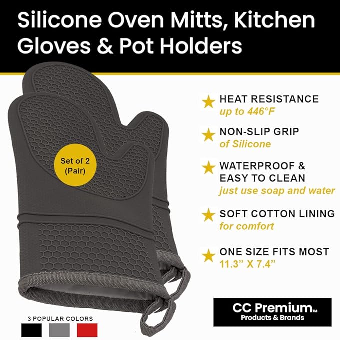 Oven Mitts, Potholders & Oven Mitts, Heat Resistant Silicone, Non-Slip, Flexible, Durable, Easy Clean, Cotton Lining, Each Oven Mitt is Double Sided (Pair of 2 Oven Mitts) Grey