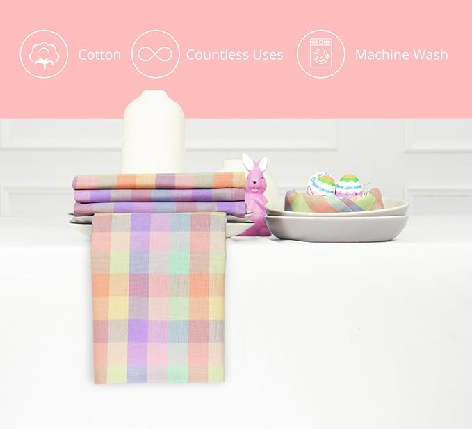 PurpleEssences Buffalo Plaid Cloth Napkins - Mitered Corners - Spring Easter Summer - Gingham Check Dinner Napkin - Set of 12-100% Cotton - 18x18 Inch - Reusable Washable - Multicolor