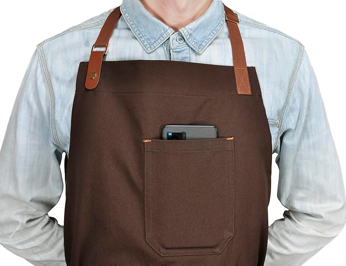 Chef Apron with Pockets, Professional Kitchen Cooking Grill BBQ Baking Apron for Men Women, Bib with Towel Loop and Adjustable Neck Strap (Brown)