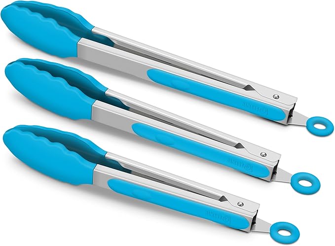 3 Pack Blue Kitchen Tongs, Premium Silicone BPA Free Non-Stick Stainless Steel BBQ Cooking Grilling Locking Food Tongs, 9-Inch 10-Inch & 12-Inch