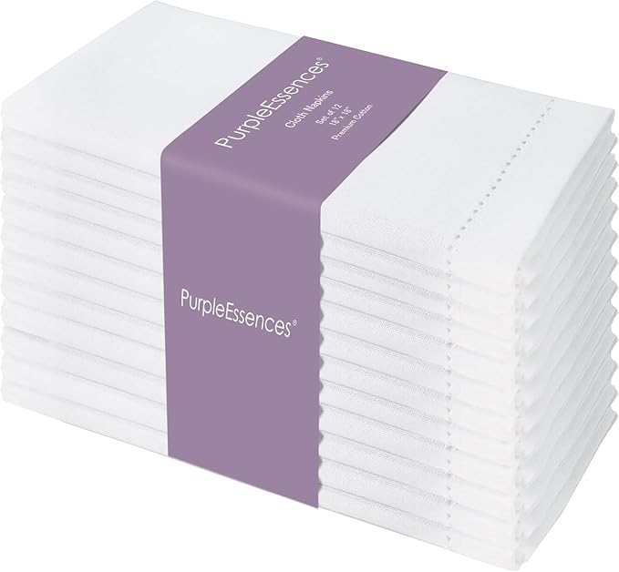 PurpleEssences Set of 12 Hemstitch Cloth Dinner Napkins 100% Cotton - Soft Durable Washable - Ideal for Wedding Spring Easter Summer - Perfect Everyday Use Table Linen 18x18 - White