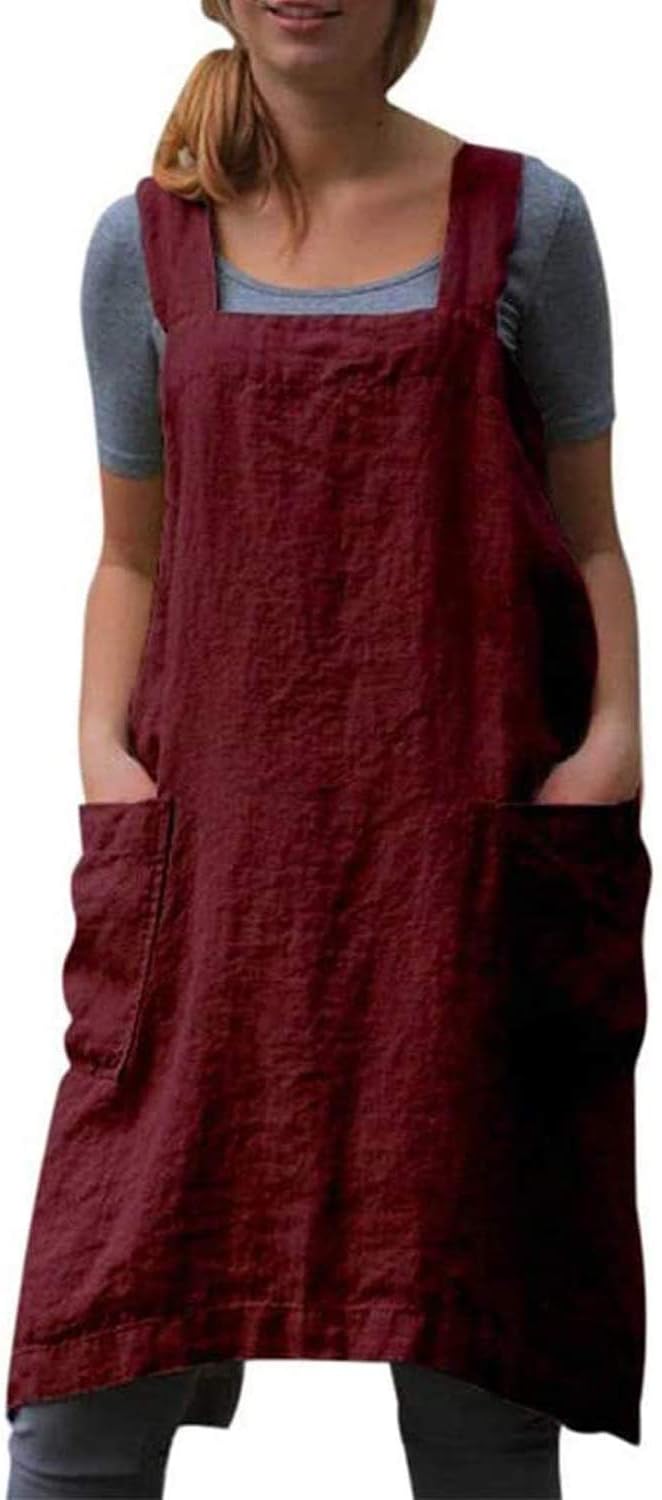 VLZUFE Cotton Linen Apron for women Cross Back Apron Pinafore Dress for Baking Cooking Gardening Work