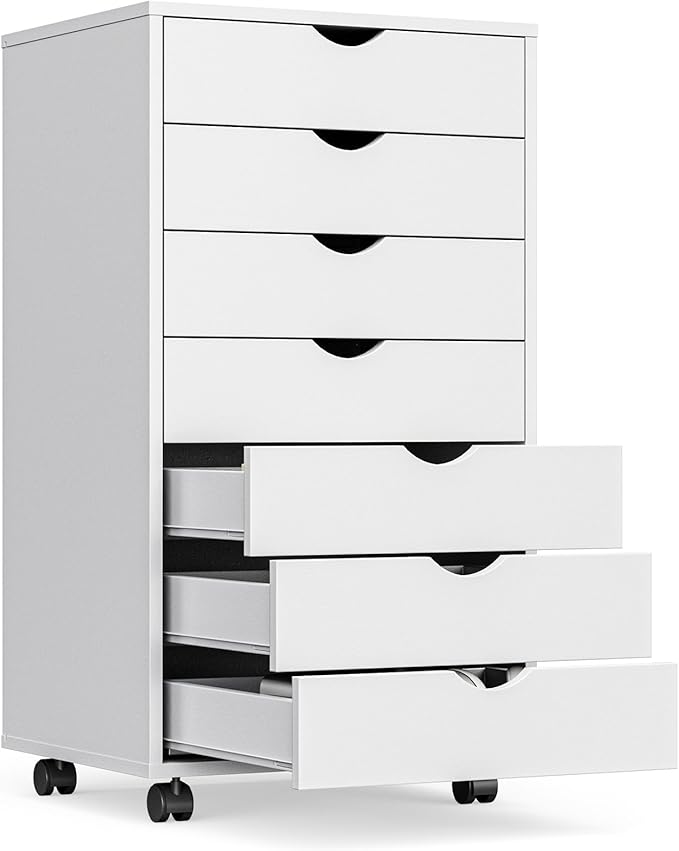 OLIXIS 7 Drawer File Cabinet, Mobile Filing Cabinet Under Desk Storage Organization with Wheels, Vertical Filing Chest Rolling Wood Small Desk Printer Stand for Home Office, White