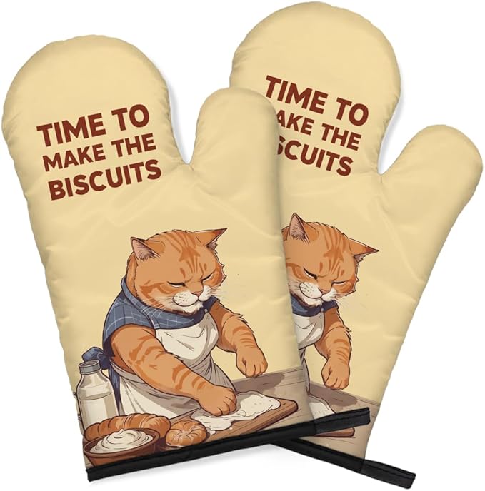 DYJYBMY Time to Make The Biscuits Funny Cat Oven Double Mitts (One Pair), Cute Kitchen Gadgets for Pet Lover, Housewarming Gifts for Cat Mom Dad, Bake Lover Gifts for Mom Dad Wife Husband Sister BFF