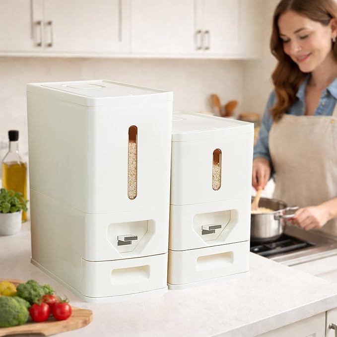 Rice Dispenser 12 Lbs (6kg), Dry Food Storage Container Sealed Moisture-Proof with Built-in Drawer for Kitchen Pantry Household, BPA-Free