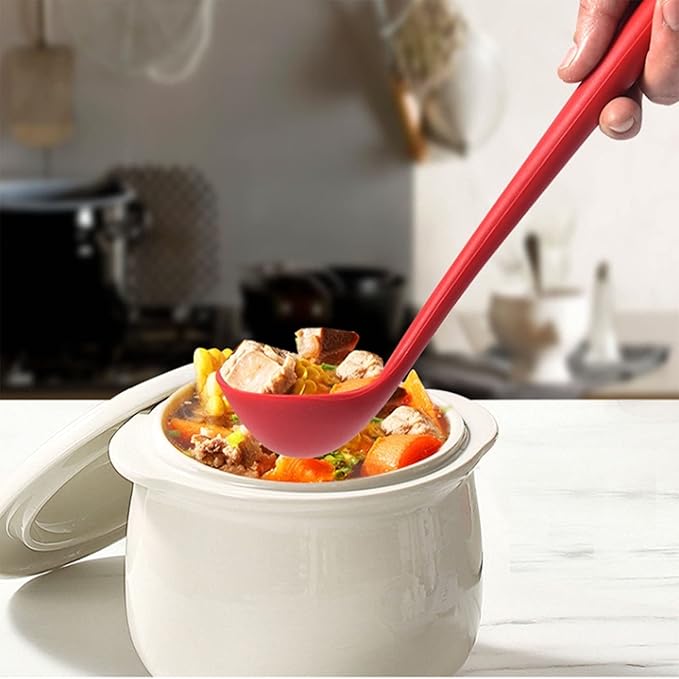 Set Of 5 Silicone Soup Ladle Spoons,High Heat Resistant SetNon-Stick Home Spoons Suitable For Serving & Cooking, Red Blue Black Orange Green Silicone, 7.87x2.55 (KK888)