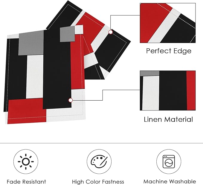 ArtSocket Geometric Table Runner and Placemats Set of 6, Red Black Grey Abstract Painting Art Dining Decor for Daily Use(1 Table Runner 72 inches Long and 6 Placemats)
