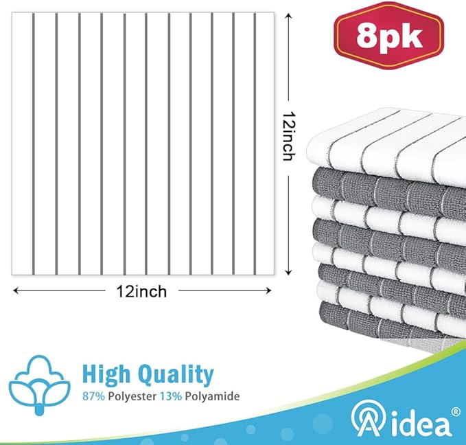 AIDEA Kitchen Towels, Absorbent Dish Cloth for Kitchen, Soft Dish Towels for Home, Multi-Purpose Cloths for Household Cleaning and Drying-8PK, 12”x12”