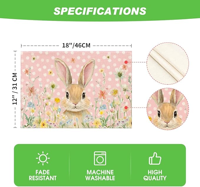 Artoid Mode Pink Bunny Polka Dot Easter Placemats Set of 4, 12x18 Inch Flower Seasonal Spring Holiday Table Mats for Party Kitchen Dining Decoration