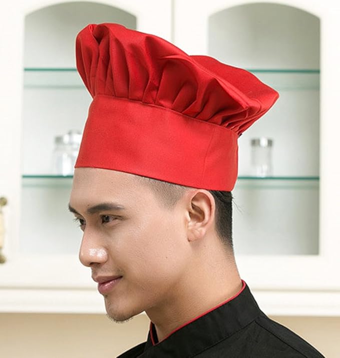 Hyzrz Chef Apron Hat Set, Chef Hat and Kitchen Adult Adjustable Baker Costume Apron for Men and Women Father's Gift (Red)