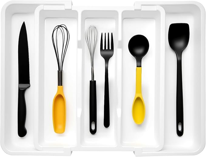 Premium Silverware Drawer Organizer & Cutlery Tray - Expandable Utensil Holder for Kitchen Drawers, Flatware Organizer with Adjustable Sections for Spoons, Forks, Knives (White)