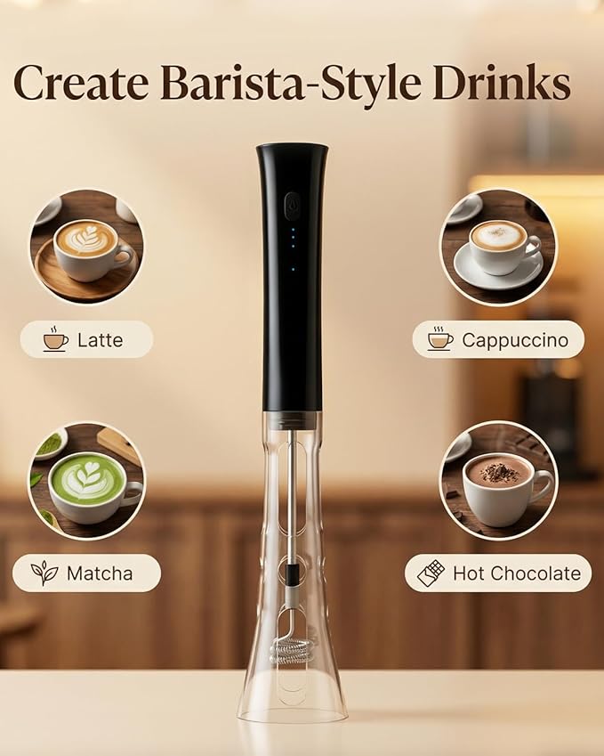 Milk Frother Handheld Rechargeable, Low Noise Electric Coffee Frother Wand with Stand, Stainless Steel Shaft, Anti-Accidental Start, 2 Double Coil Whisks, Kitchen Gifts
