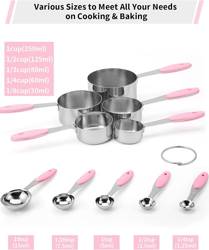 Joyhill Stainless Steel Measuring Cups and Spoons Set of 10 Piece, Nesting Metal Measuring Cups Set with Soft Touch Silicone Handles for Dry and Liquid Ingredients, Cooking & Baking (Pink)