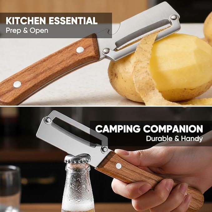 Premium Vegetable Peeler with Wooden Handle and Bottle Opener: 2-in-1 Stainless Steel Kitchen Tool for Fruit Apple Potato Pumpkin Papaya (3 PCS)