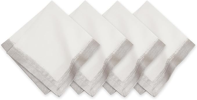 Villeroy & Boch Linen Metallic Brushstroke Napkins, 21 Inches x 21 Inches, Set of 4, White and Silver