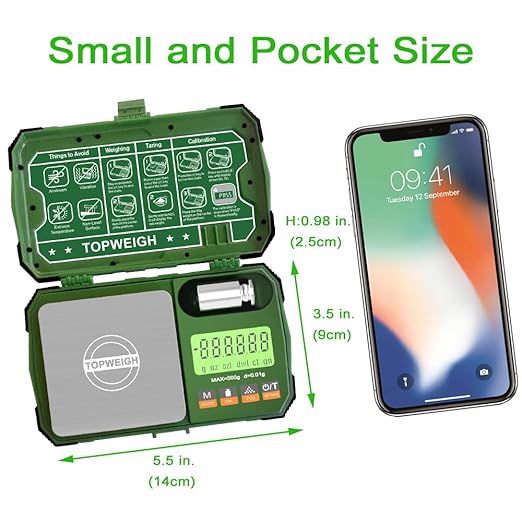 Pocket Scale, 500g x 0.01g, Dual Powered, Precision Gram Jewelry Scale with Zipper Case, Digital Small Coin Scale, Large Backlight Display, 6 Weighing Units,Cal Weight, USB Cable Included
