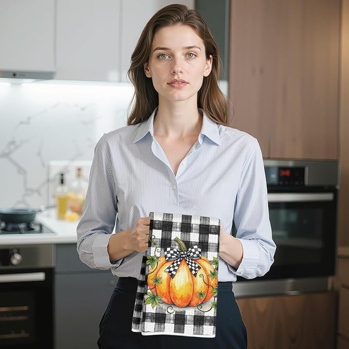 4 Pcs Hello Pumpkin Fall Kitchen Towels, Truck Soft Absorbent Tea Hand Towel, Microfiber Dish Cloths for Drying Dishes, Fall Waffle Dish Towels for Kitchen Bathroom Home, Autumn Gifts for Women Mom