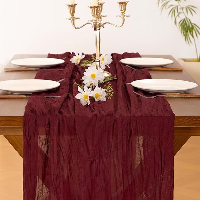 Socomi 2pcs Burgundy Red Easter Spring Cheesecloth Table Runner Boho Rustic Gauze 120 inch 10FT Cheese Cloth Runner for Wedding Party Baby Shower Birthday Home Decor Holiday Decorations