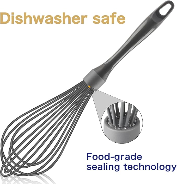 OYV Dishwasher Safe Whisk, Professional Whisks for Cooking Non-Scratch, Stainless Steel & Silicone Wisk, Plastic Rubber Whisk Tool for Nonstick Cookware Pans, Heat Resistant,12-Inch, Grey